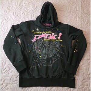 Men's SP5DER Black Graphic Print Hoodie Spider Stars Black Size Large